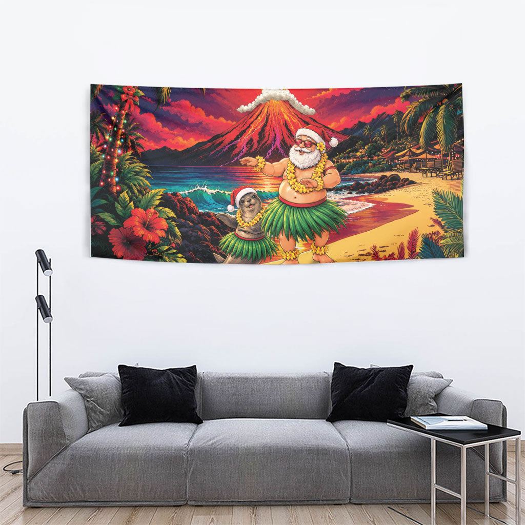 Hawaii Volcano Christmas Tapestry Hula Santa And Monk Seal LT05 - Polynesian Pride