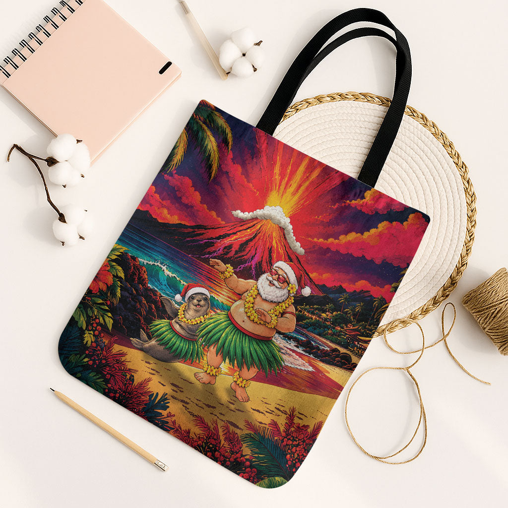 Hawaii Volcano Christmas Tote Bag Hula Santa And Monk Seal LT05 Black Strap One Size Multicolor - Polynesian Pride
