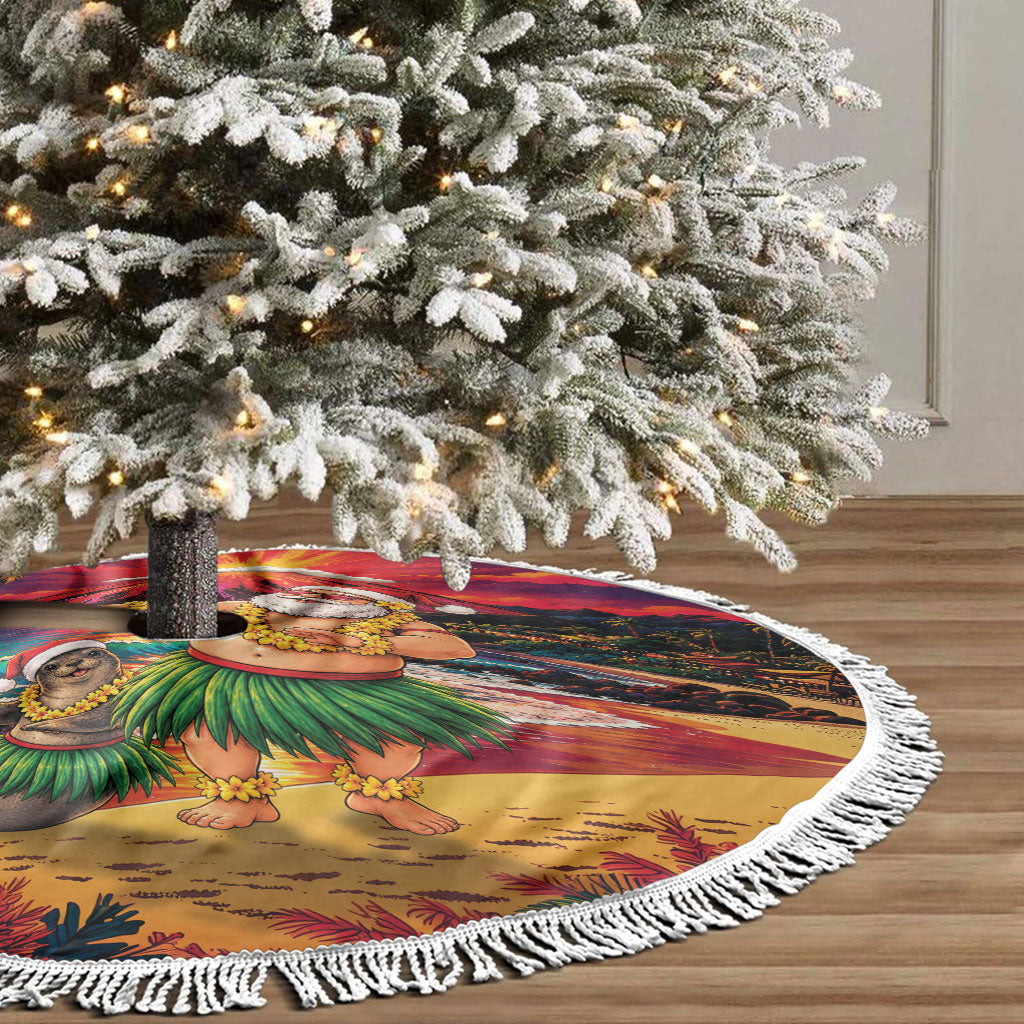 Hawaii Volcano Christmas Tree Skirt Hula Santa And Monk Seal LT05 - Polynesian Pride