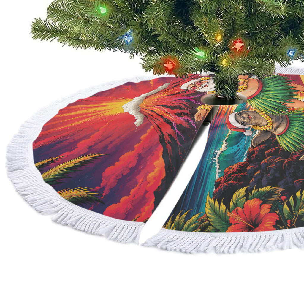 Hawaii Volcano Christmas Tree Skirt Hula Santa And Monk Seal LT05 - Polynesian Pride