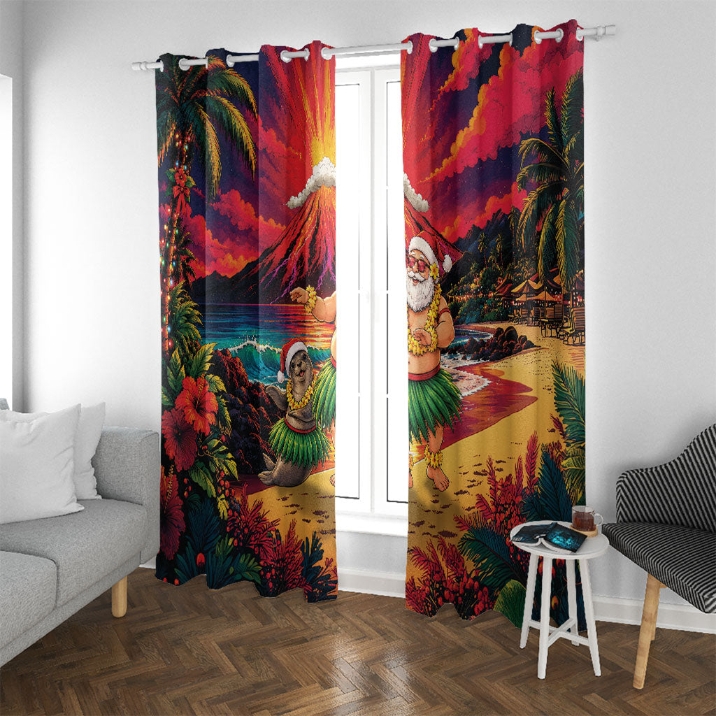 Hawaii Volcano Christmas Window Curtain Hula Santa And Monk Seal