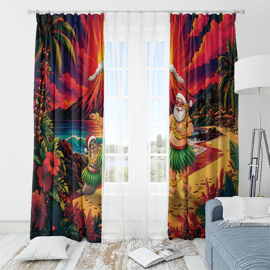 Hawaii Volcano Christmas Window Curtain Hula Santa And Monk Seal