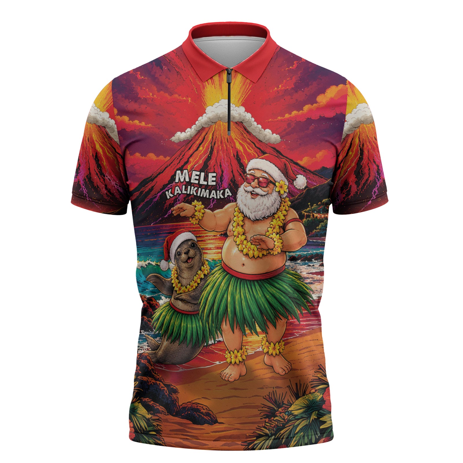 Hawaii Volcano Christmas Zipper Polo Shirt Hula Santa And Monk Seal LT05 Multicolor - Polynesian Pride