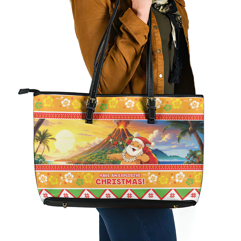 Hawaii Volcano Christmas Leather Tote Bag Have An Explosive Christmas LT05 - Polynesian Pride