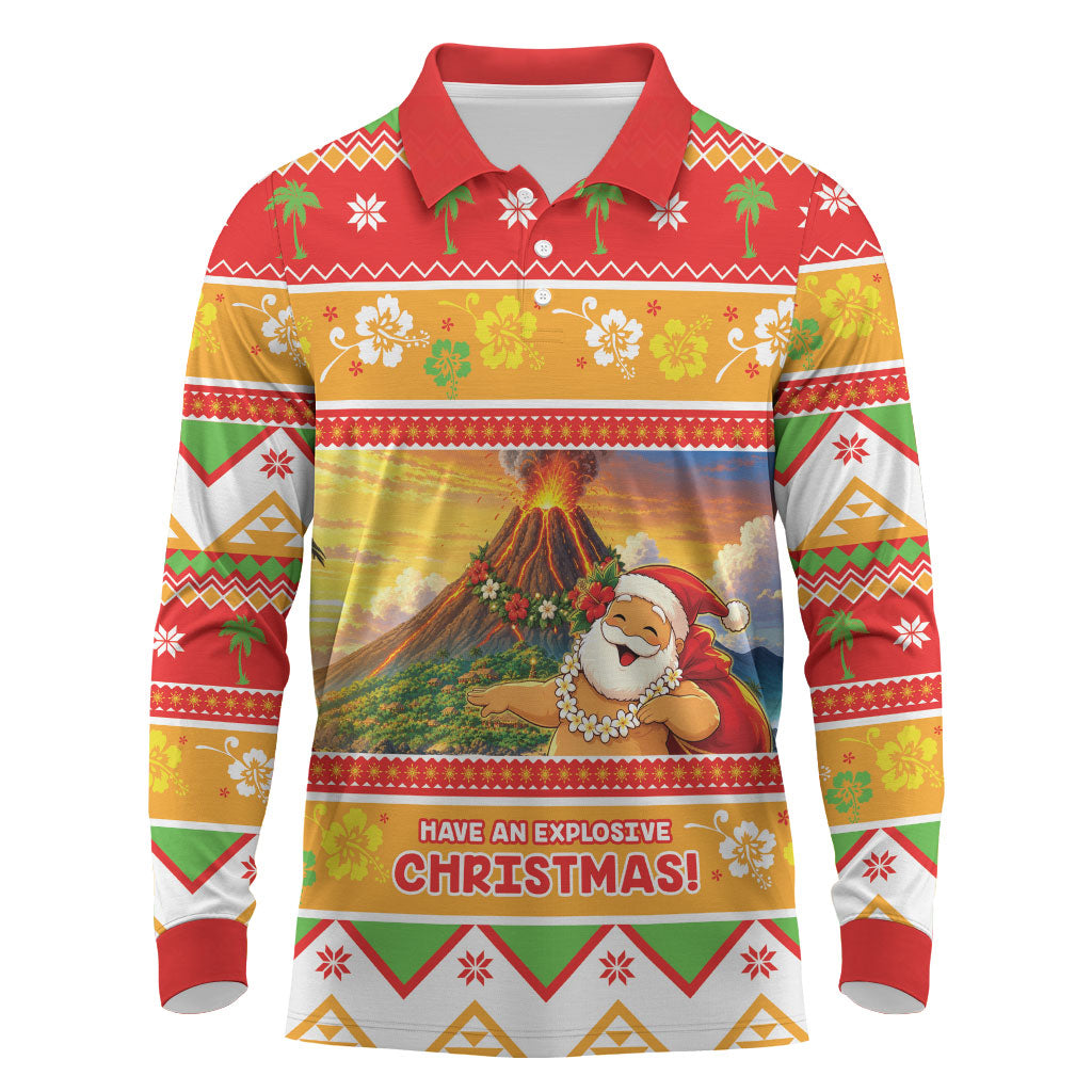 Hawaii Volcano Christmas Long Sleeve Polo Shirt Have An Explosive Christmas LT05 Red - Polynesian Pride
