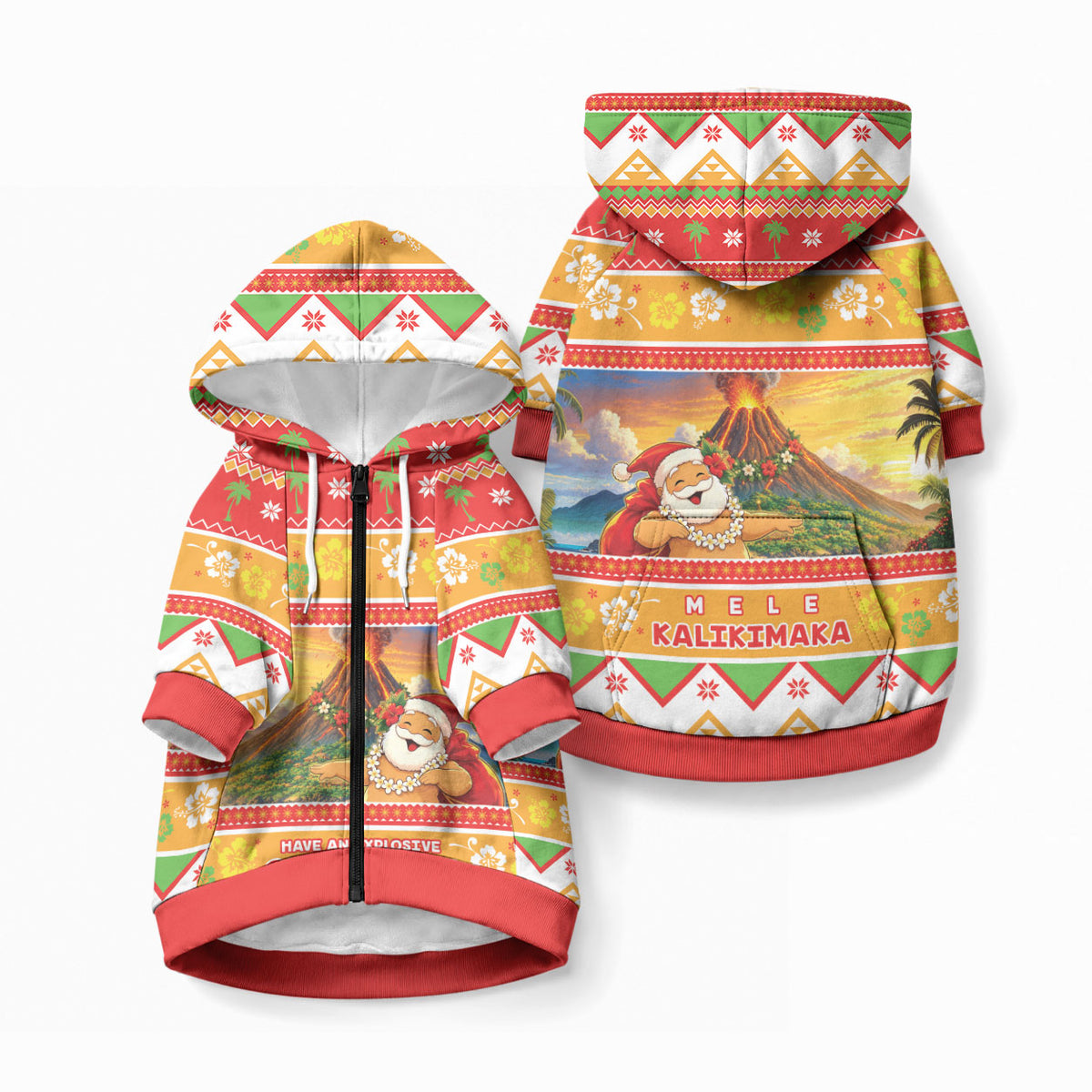 Hawaii Volcano Christmas Pet Hoodie Have An Explosive Christmas LT05 Zip-up Red - Polynesian Pride