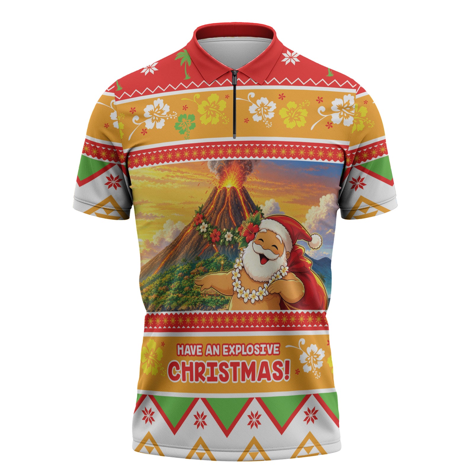 Hawaii Volcano Christmas Zipper Polo Shirt Have An Explosive Christmas LT05 Red - Polynesian Pride