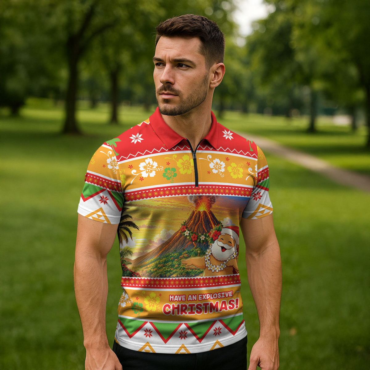 Hawaii Volcano Christmas Zipper Polo Shirt Have An Explosive Christmas LT05 - Polynesian Pride