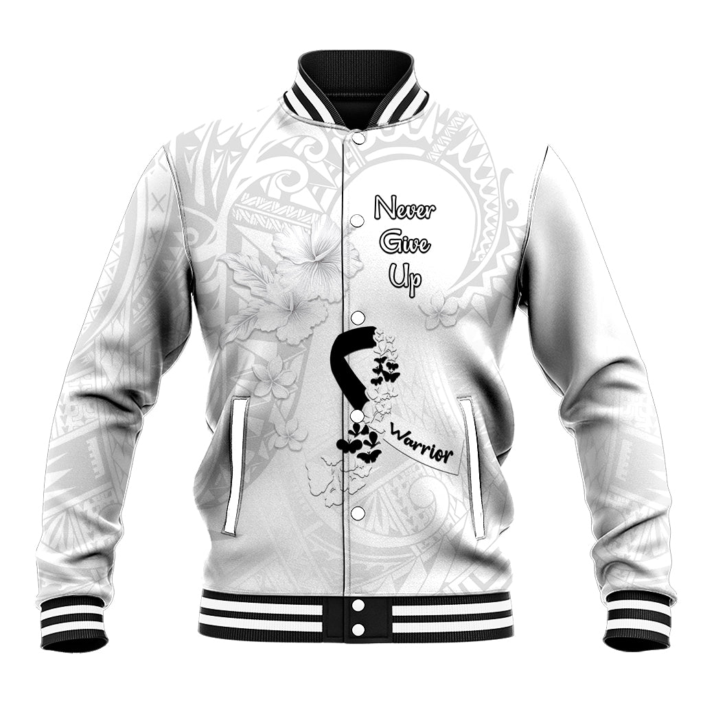 Lung Cancer Awareness Baseball Jacket Never Give Up Polynesian Style LT05 Unisex White - Polynesian Pride