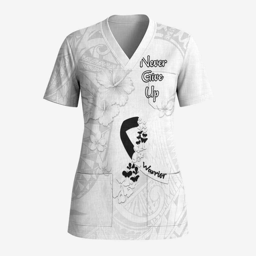 Lung Cancer Awareness Scrub Top Never Give Up Polynesian Style LT05 Adult White - Polynesian Pride