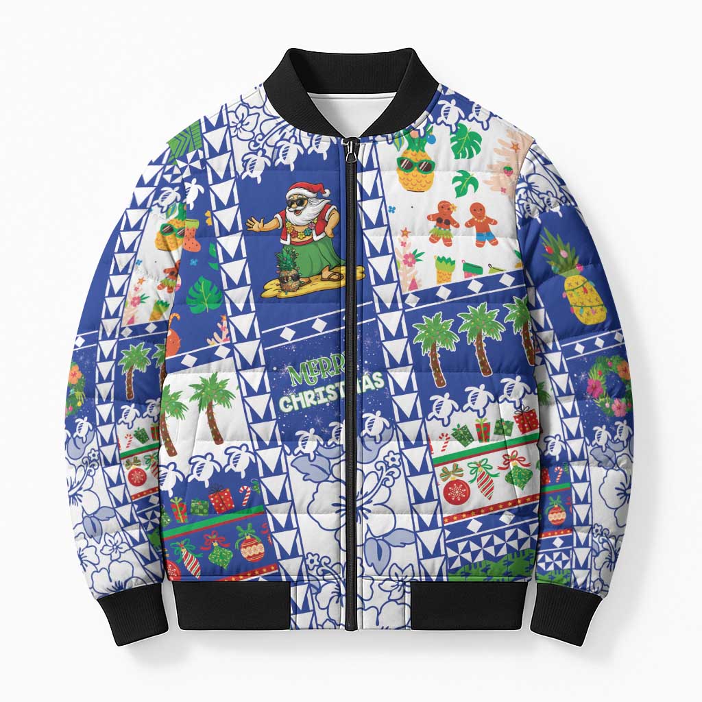 Northern Mariana Islands Christmas Bomber Puffer Jacket Festive Beach Vibes LT05 Unisex Blue - Polynesian Pride