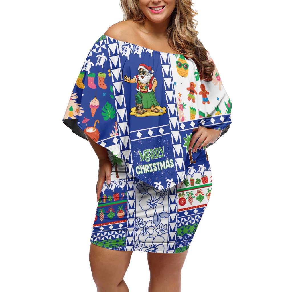 Northern Mariana Islands Christmas Off Shoulder Short Dress Festive Beach Vibes LT05 Women Blue - Polynesian Pride