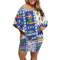 Northern Mariana Islands Christmas Off Shoulder Short Dress Festive Beach Vibes LT05 Women Blue - Polynesian Pride