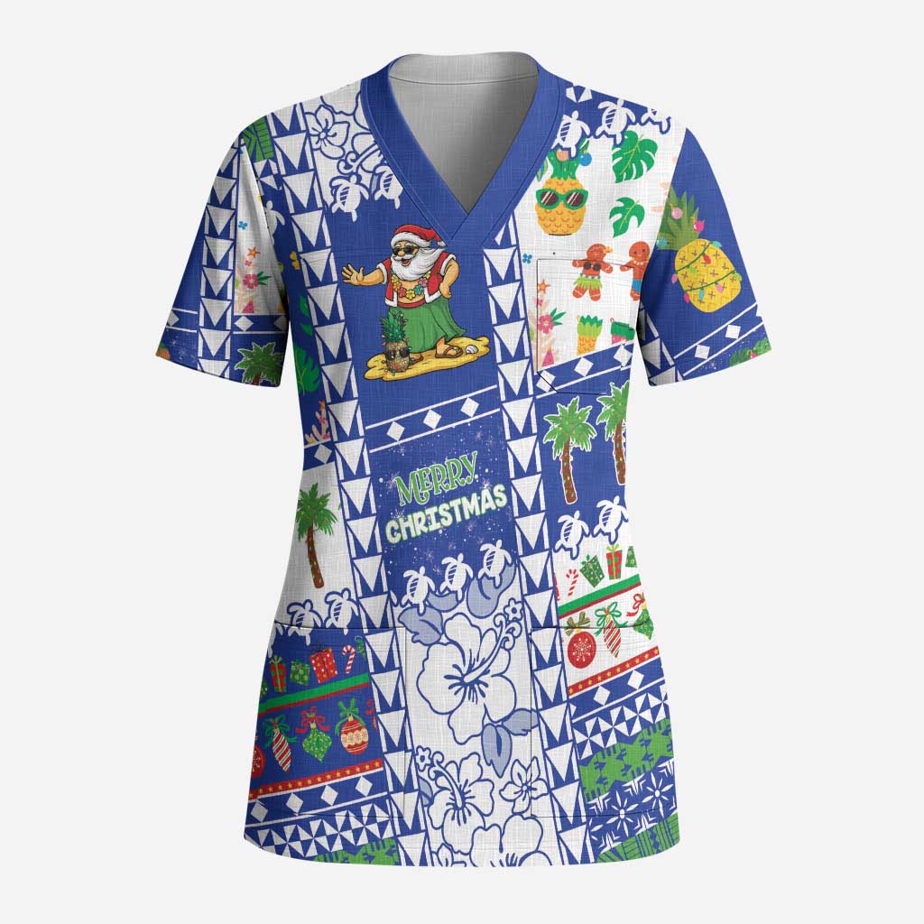 Northern Mariana Islands Christmas Scrub Top Festive Beach Vibes LT05 Adult Blue - Polynesian Pride