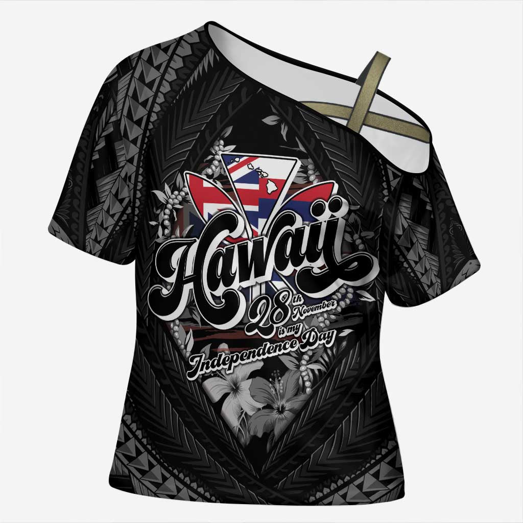 Hawaii November 28th Cross Shoulder Shirt Kanaka Maoli Tribal Pattern LT05 Female Black - Polynesian Pride