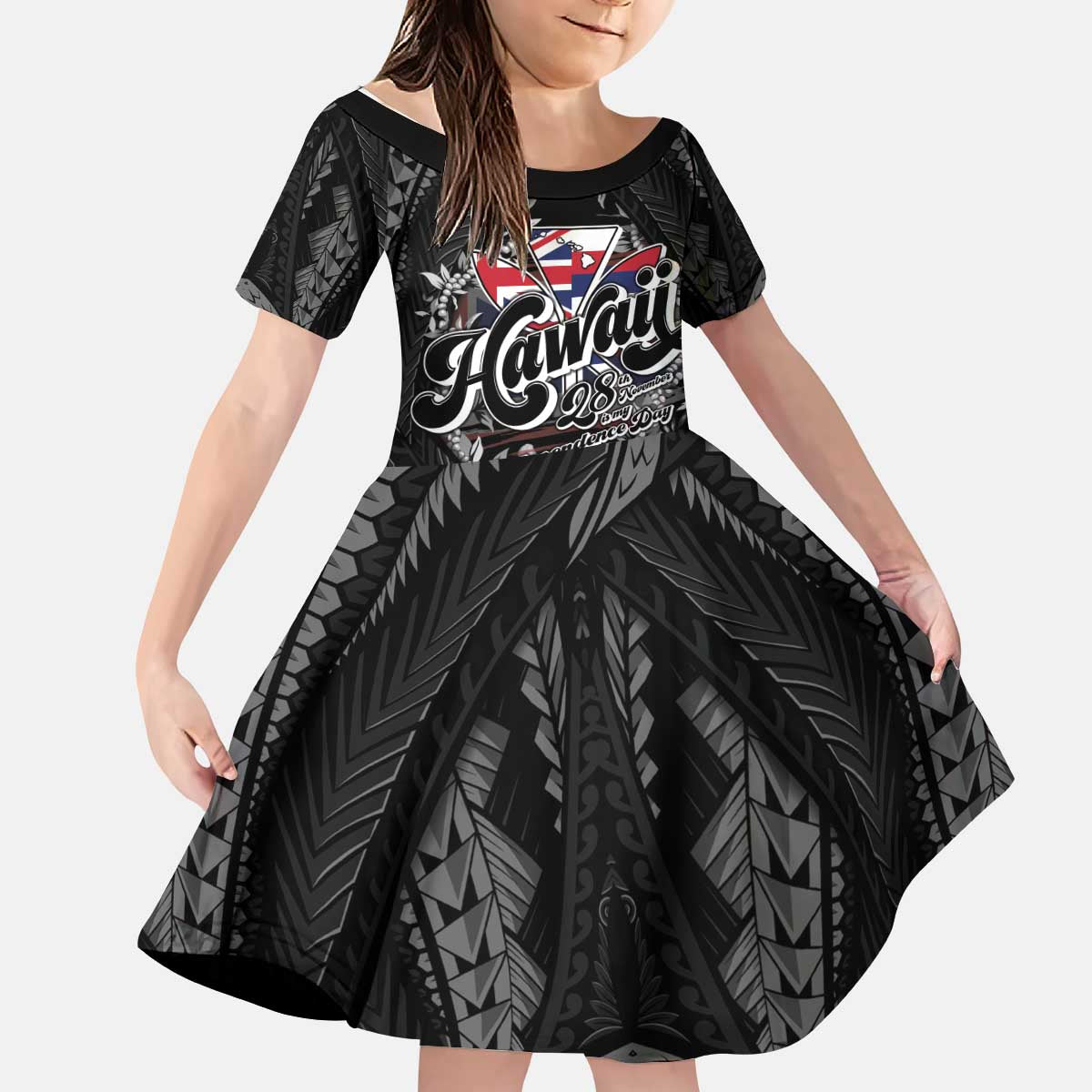 Hawaii November 28th Kid Short Sleeve Dress Kanaka Maoli Tribal Pattern LT05 KID Black - Polynesian Pride