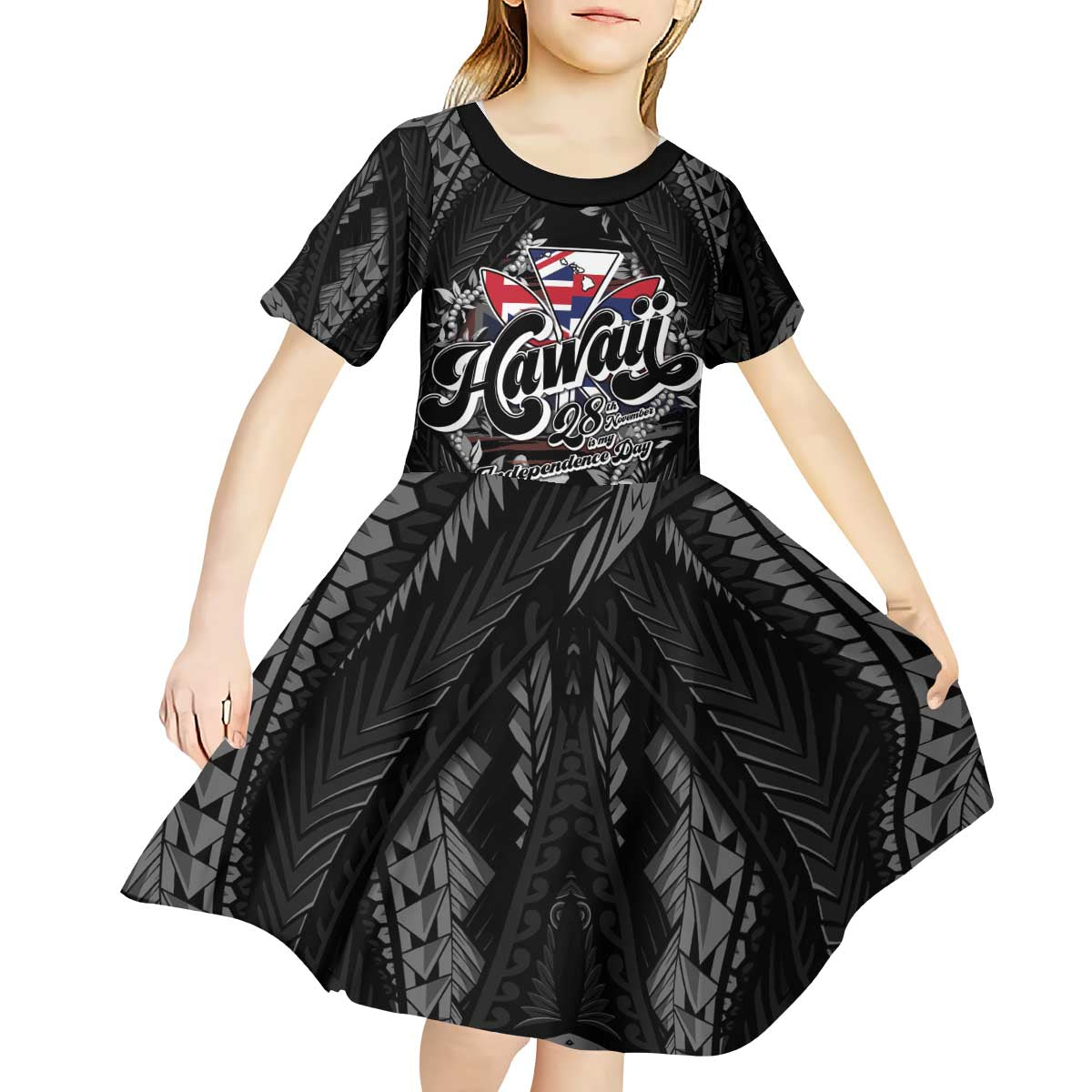 Hawaii November 28th Kid Short Sleeve Dress Kanaka Maoli Tribal Pattern LT05 - Polynesian Pride