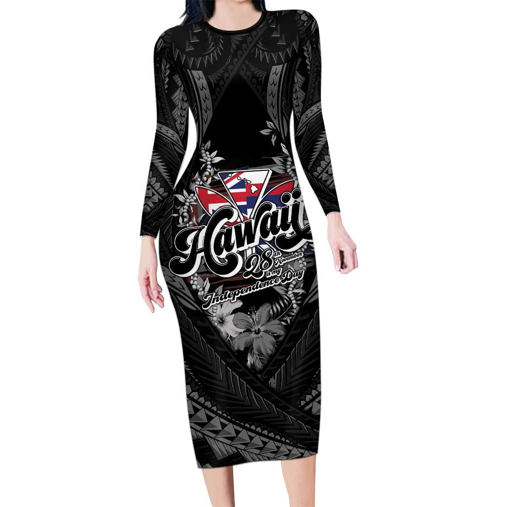 Hawaii November 28th Long Sleeve Bodycon Dress Kanaka Maoli Tribal Pattern LT05 Long Dress Black - Polynesian Pride