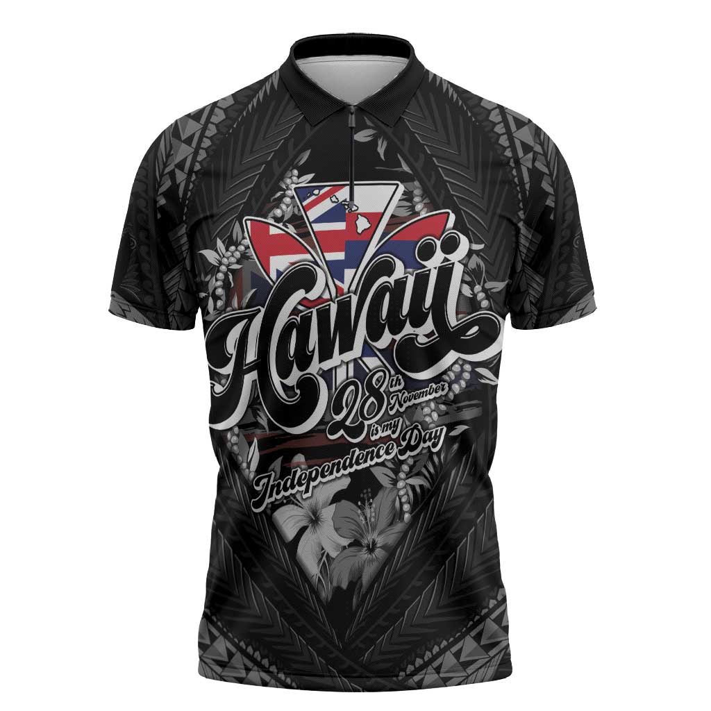 Hawaii November 28th Zipper Polo Shirt Kanaka Maoli Tribal Pattern LT05 Black - Polynesian Pride