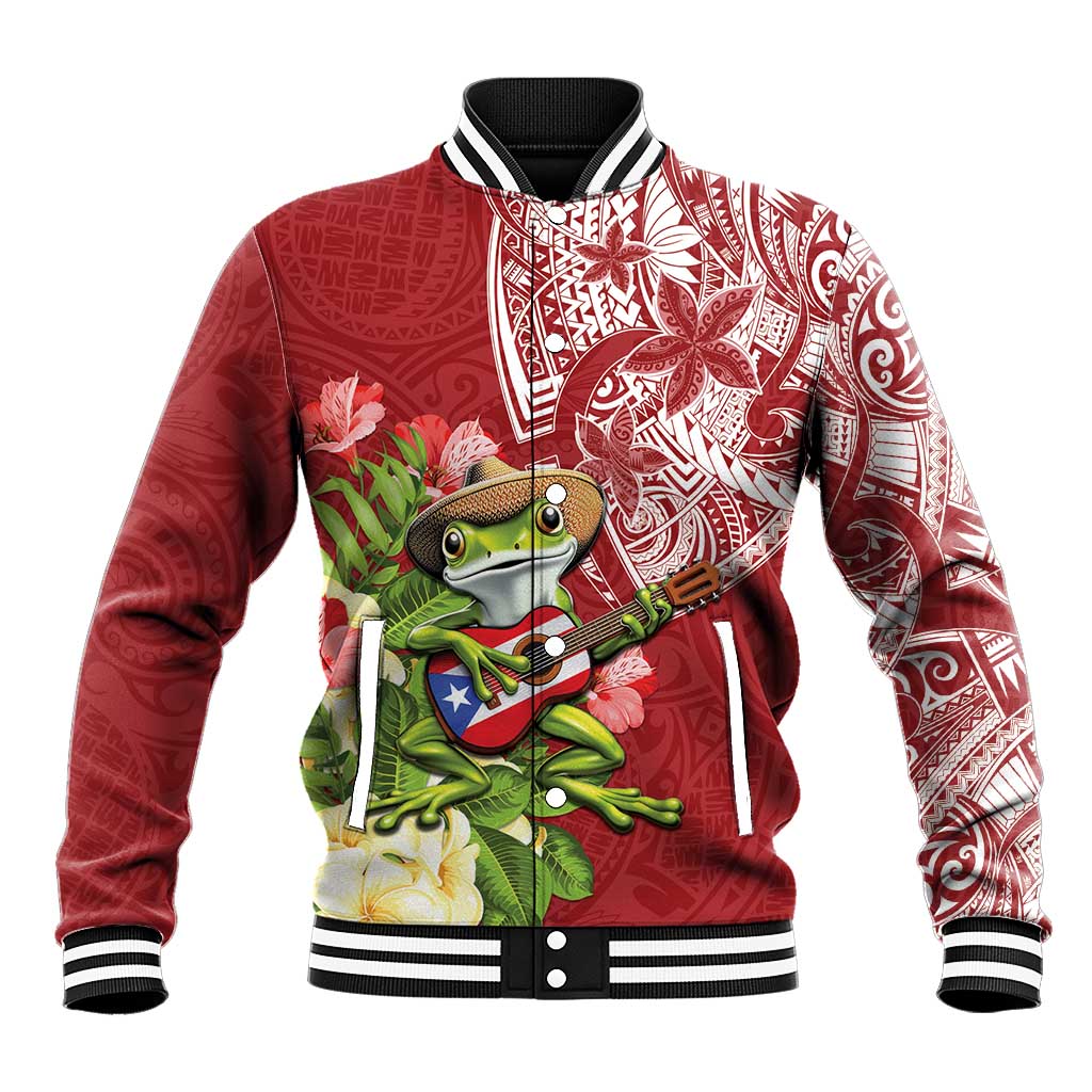 Puerto Rico Coqui Frog Baseball Jacket Tropical Flowers Polynesian Style LT05 Unisex Red - Polynesian Pride