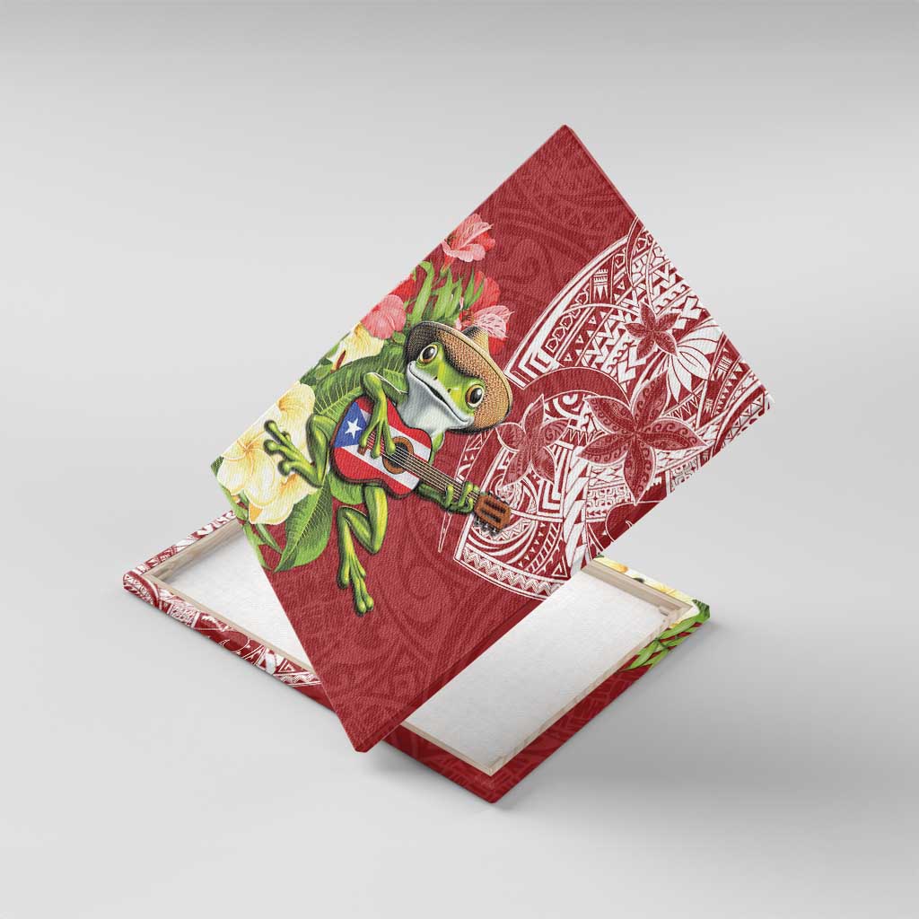 Puerto Rico Coqui Frog Canvas Wall Art Tropical Flowers Polynesian Style LT05 With Frame Red - Polynesian Pride