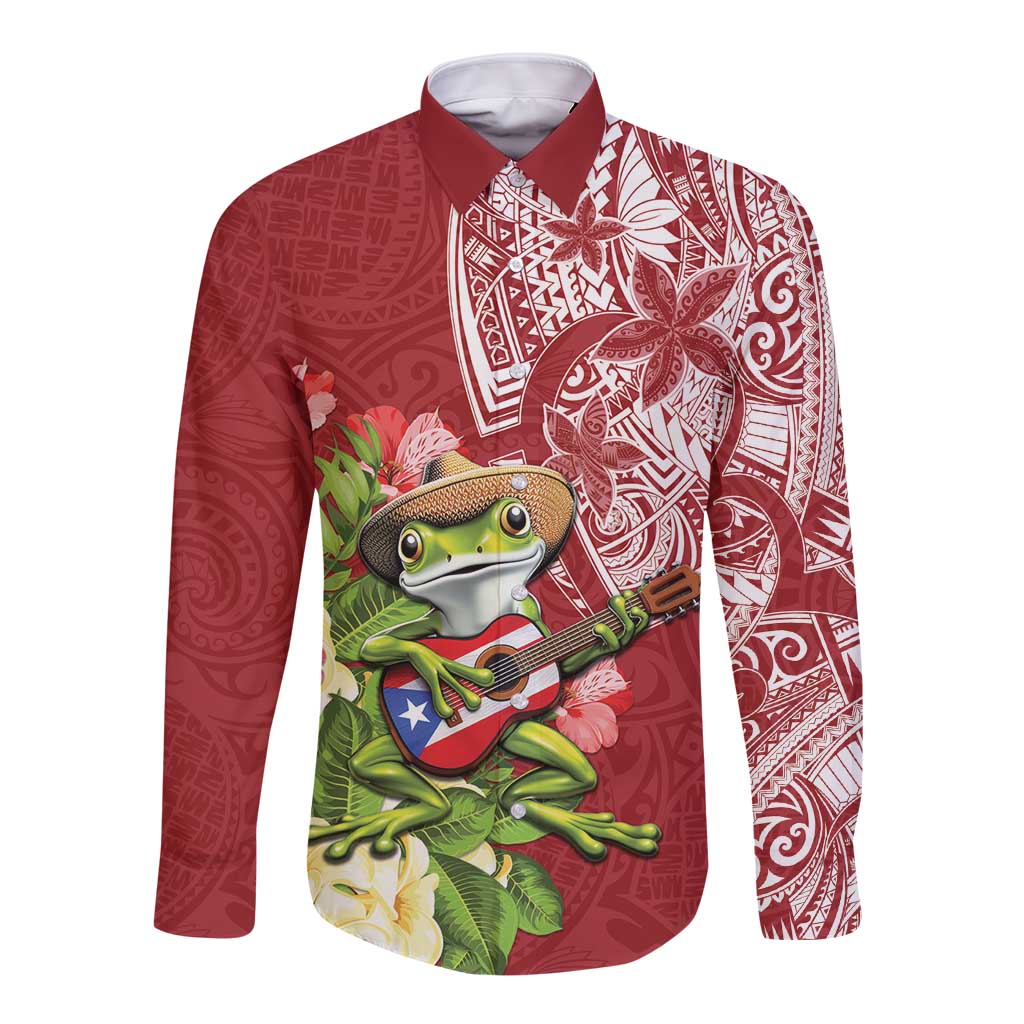 Puerto Rico Coqui Frog Long Sleeve Button Shirt Tropical Flowers Polynesian Style LT05 Unisex Red - Polynesian Pride
