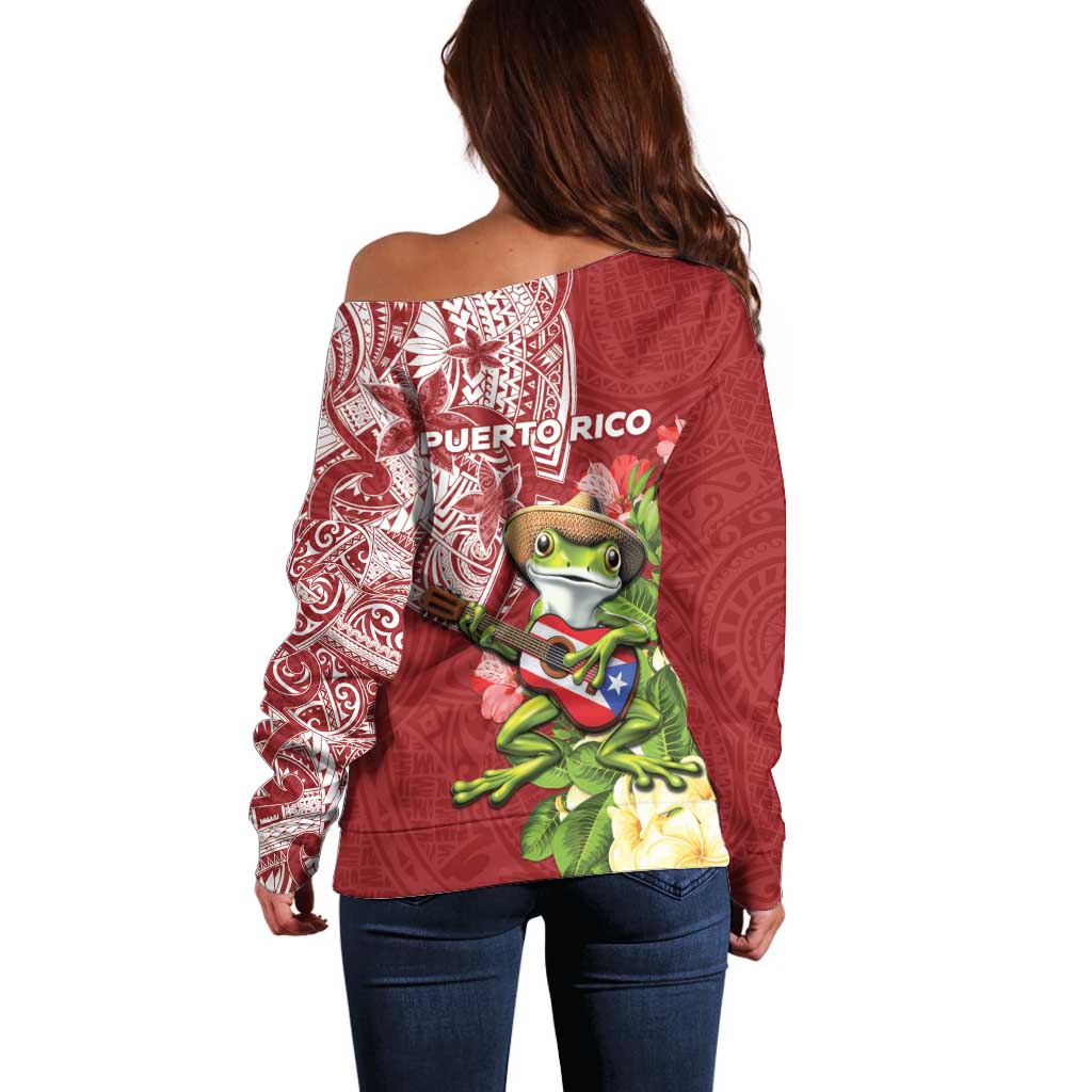 Puerto Rico Coqui Frog Off Shoulder Sweater Tropical Flowers Polynesian Style LT05 - Polynesian Pride