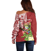 Puerto Rico Coqui Frog Off Shoulder Sweater Tropical Flowers Polynesian Style LT05 - Polynesian Pride