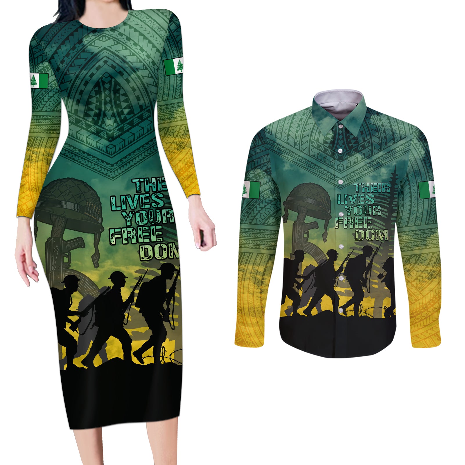 Norfolk Island ANZAC Day Couples Matching Long Sleeve Bodycon Dress and Long Sleeve Button Shirt Lest We Forget LT05 Dark Cyan - Polynesian Pride