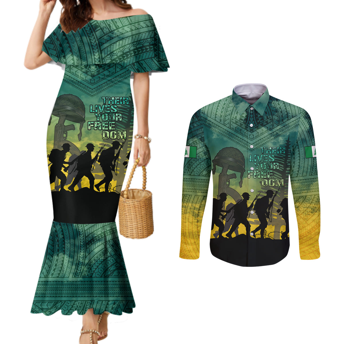 Norfolk Island ANZAC Day Couples Matching Mermaid Dress and Long Sleeve Button Shirt Lest We Forget LT05 Dark Cyan - Polynesian Pride