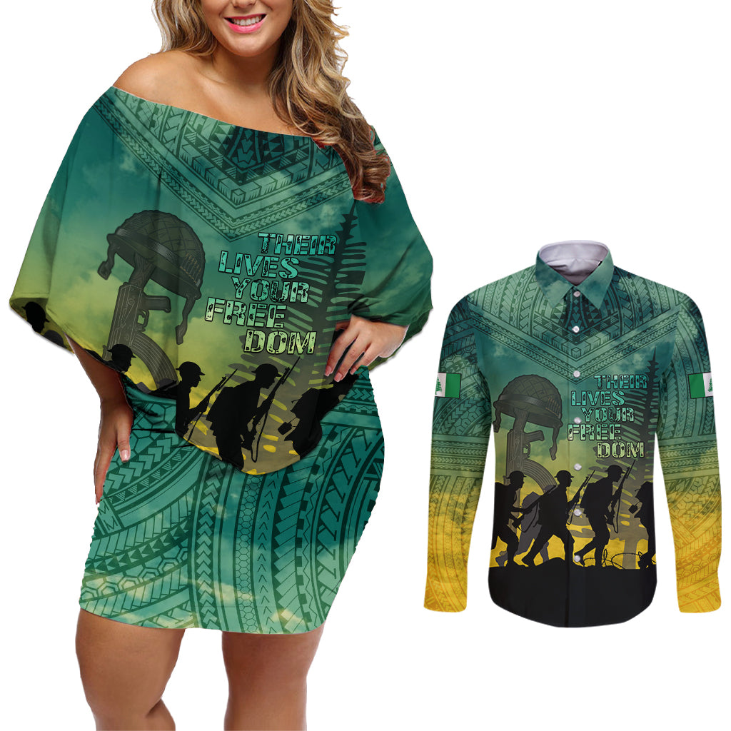 Norfolk Island ANZAC Day Couples Matching Off Shoulder Short Dress and Long Sleeve Button Shirt Lest We Forget LT05 Dark Cyan - Polynesian Pride