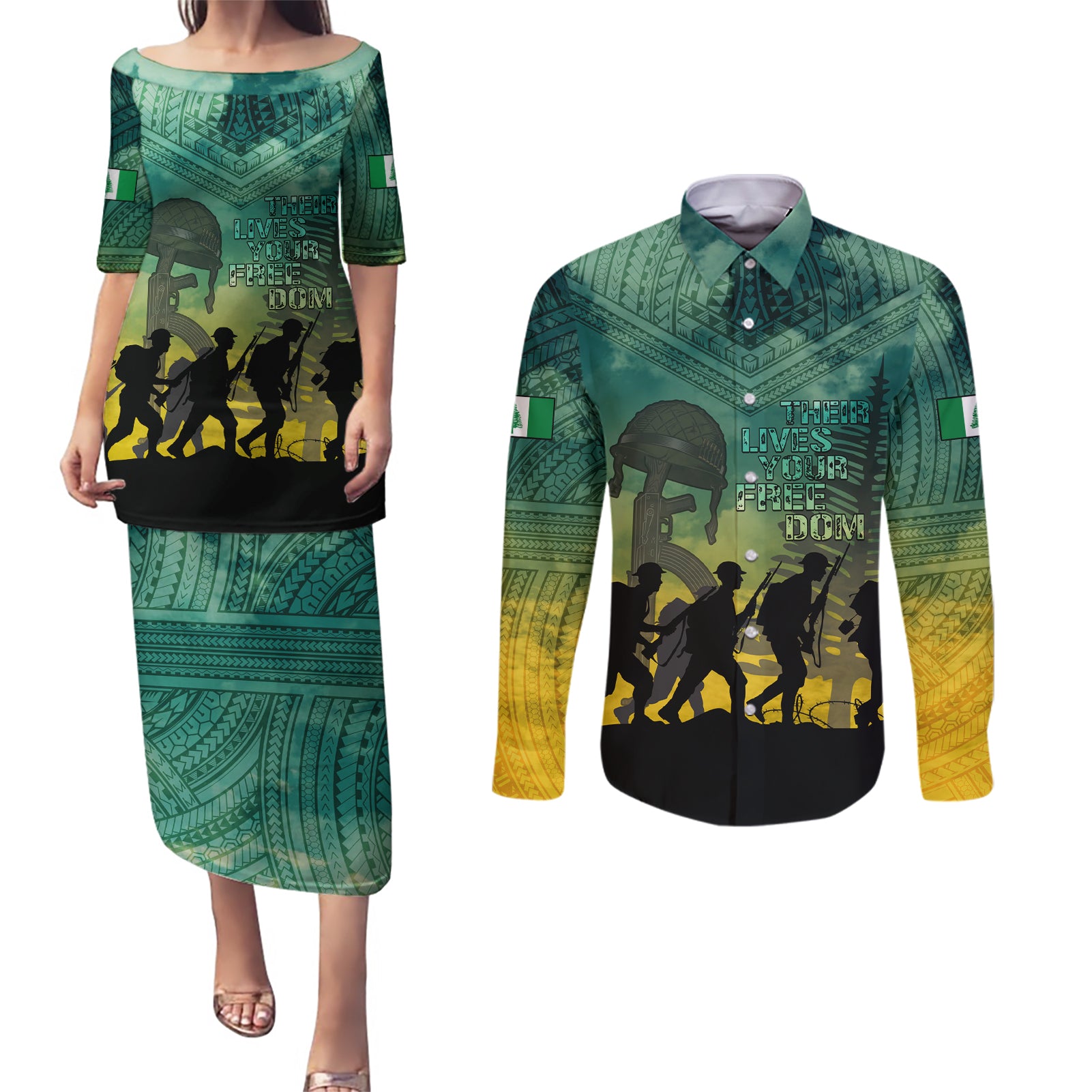 Norfolk Island ANZAC Day Couples Matching Puletasi and Long Sleeve Button Shirt Lest We Forget LT05 Dark Cyan - Polynesian Pride