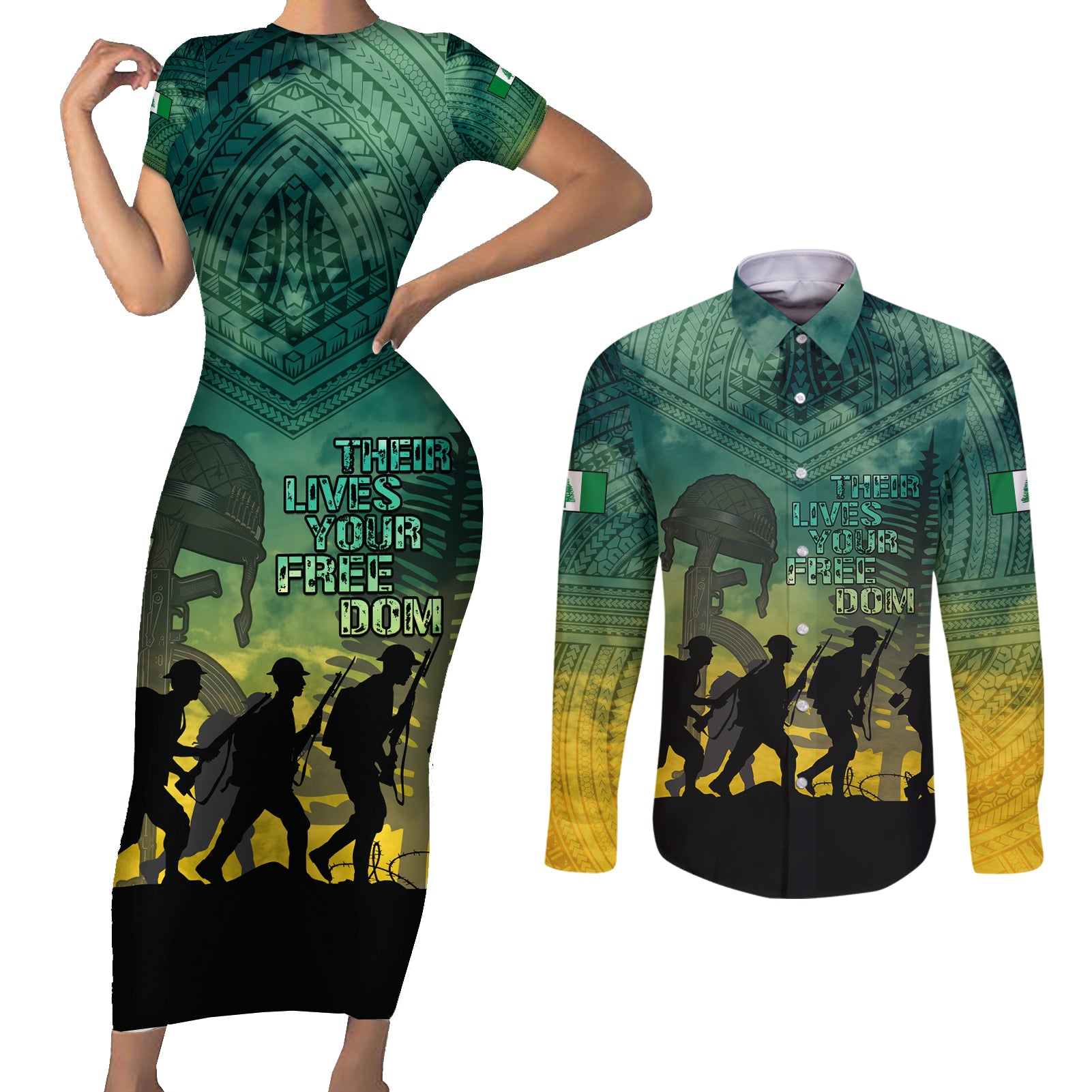 Norfolk Island ANZAC Day Couples Matching Short Sleeve Bodycon Dress and Long Sleeve Button Shirt Lest We Forget LT05 Dark Cyan - Polynesian Pride