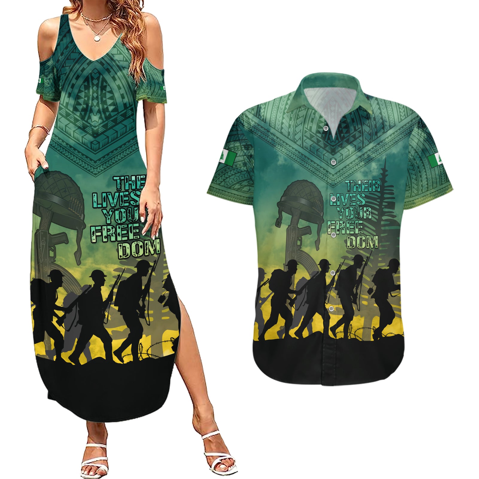 Norfolk Island ANZAC Day Couples Matching Summer Maxi Dress and Hawaiian Shirt Lest We Forget LT05 Dark Cyan - Polynesian Pride