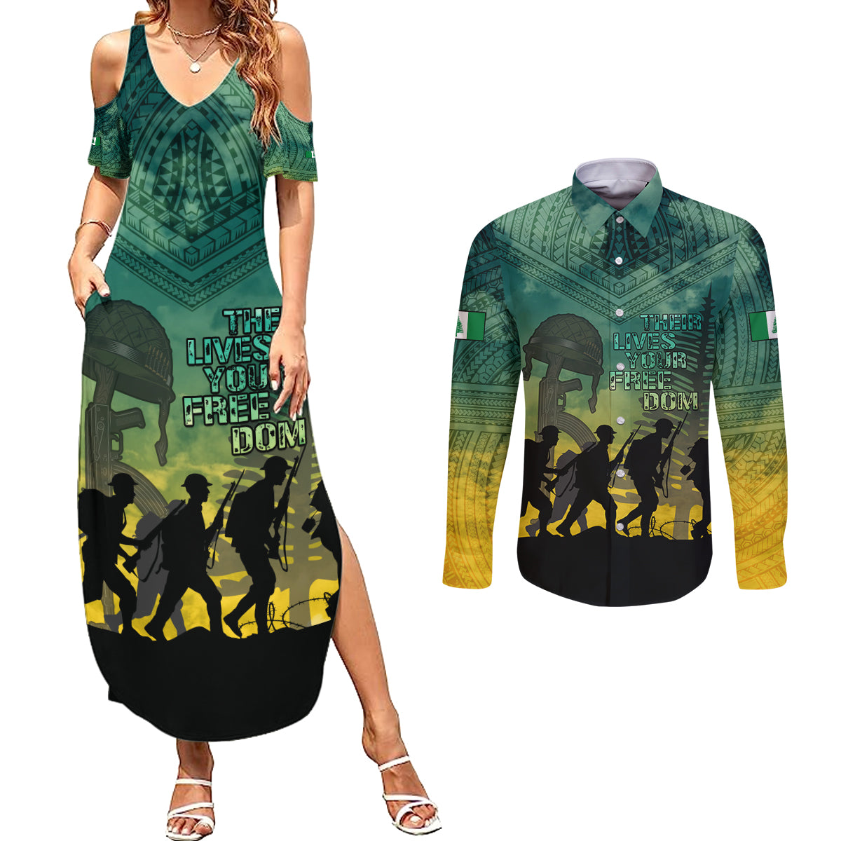 Norfolk Island ANZAC Day Couples Matching Summer Maxi Dress and Long Sleeve Button Shirt Lest We Forget LT05 Dark Cyan - Polynesian Pride