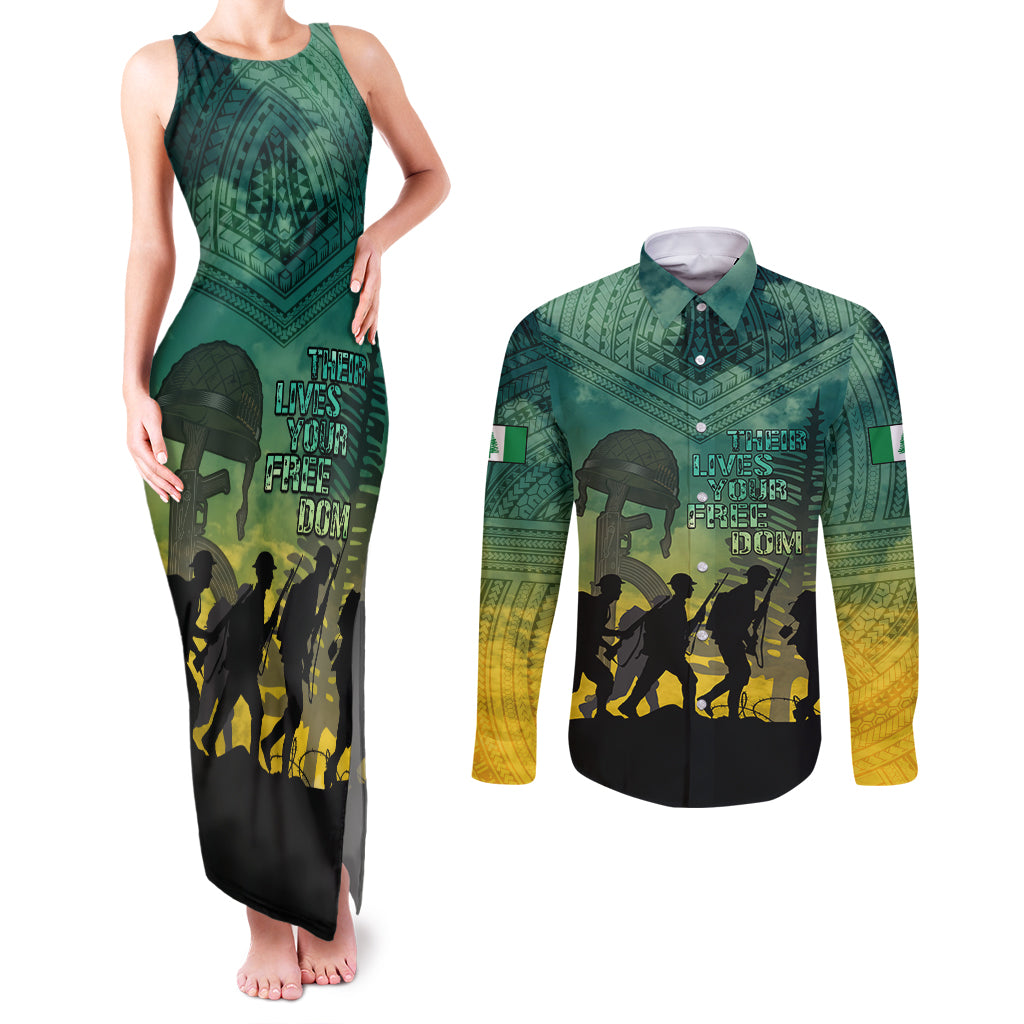 Norfolk Island ANZAC Day Couples Matching Tank Maxi Dress and Long Sleeve Button Shirt Lest We Forget LT05 Dark Cyan - Polynesian Pride