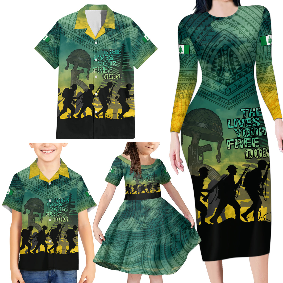 Norfolk Island ANZAC Day Family Matching Long Sleeve Bodycon Dress and Hawaiian Shirt Lest We Forget LT05 - Polynesian Pride