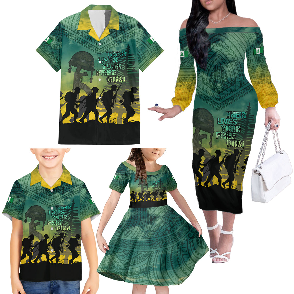 Norfolk Island ANZAC Day Family Matching Off Shoulder Long Sleeve Dress and Hawaiian Shirt Lest We Forget LT05 - Polynesian Pride