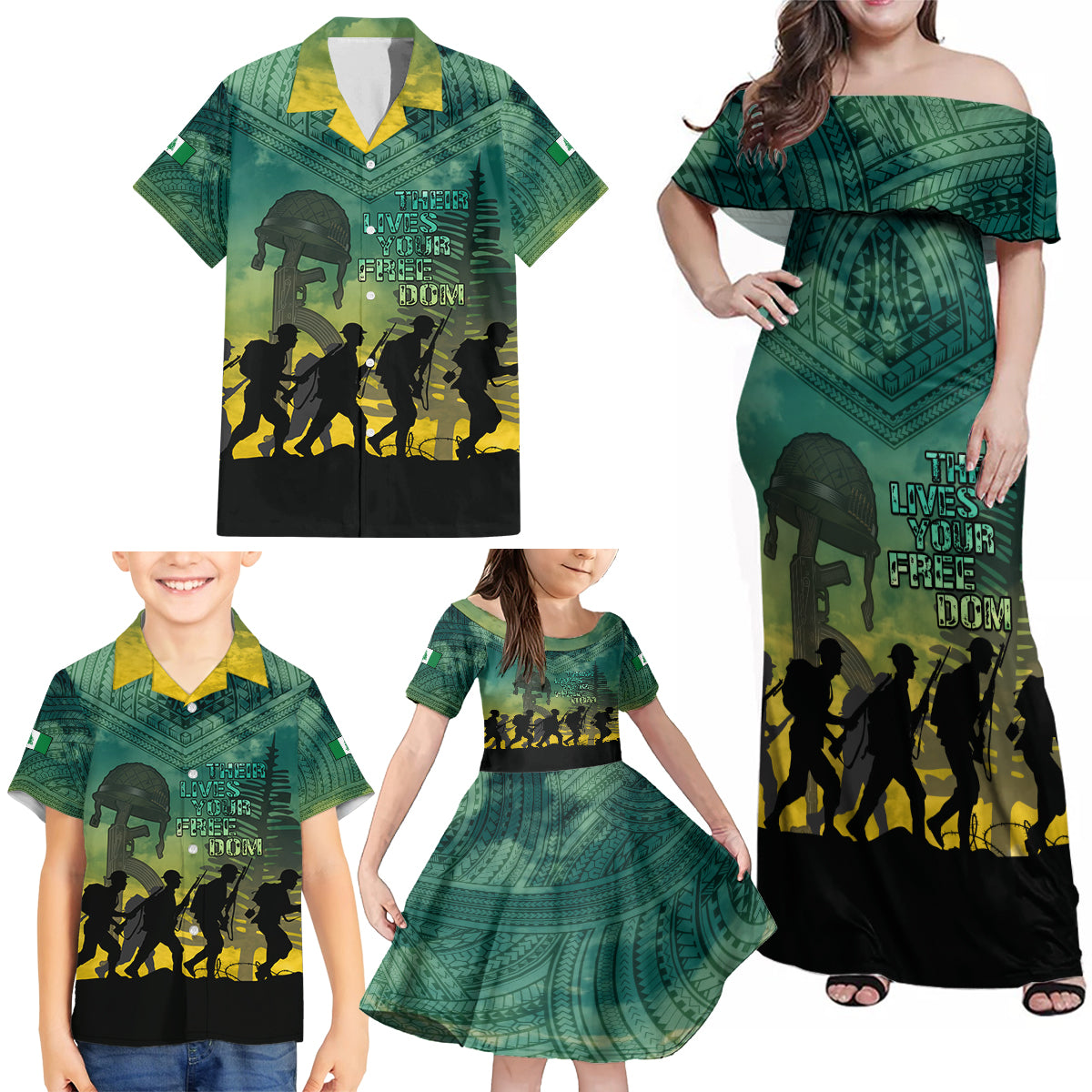 Norfolk Island ANZAC Day Family Matching Off Shoulder Maxi Dress and Hawaiian Shirt Lest We Forget LT05 - Polynesian Pride