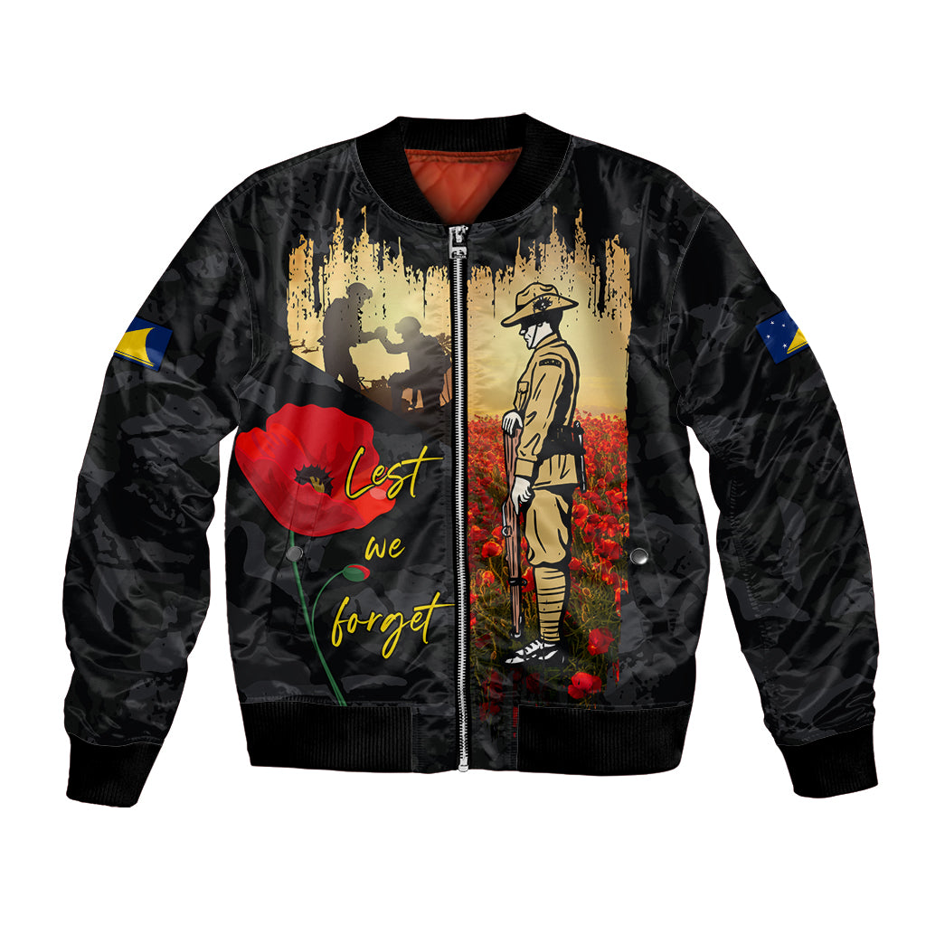 Tokelau ANZAC Day Bomber Jacket Lest We Forget LT05 Unisex Black - Polynesian Pride