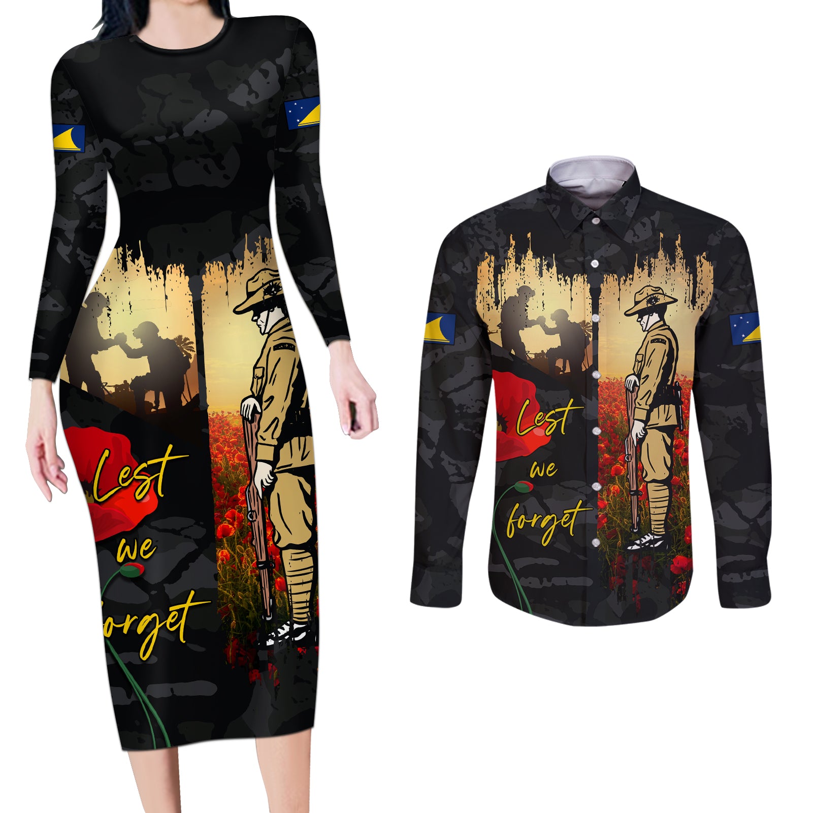 Tokelau ANZAC Day Couples Matching Long Sleeve Bodycon Dress and Long Sleeve Button Shirt Lest We Forget LT05 Black - Polynesian Pride