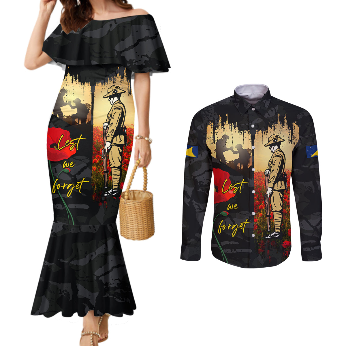 Tokelau ANZAC Day Couples Matching Mermaid Dress and Long Sleeve Button Shirt Lest We Forget LT05 Black - Polynesian Pride