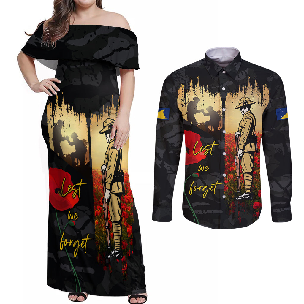 Tokelau ANZAC Day Couples Matching Off Shoulder Maxi Dress and Long Sleeve Button Shirt Lest We Forget LT05 Black - Polynesian Pride