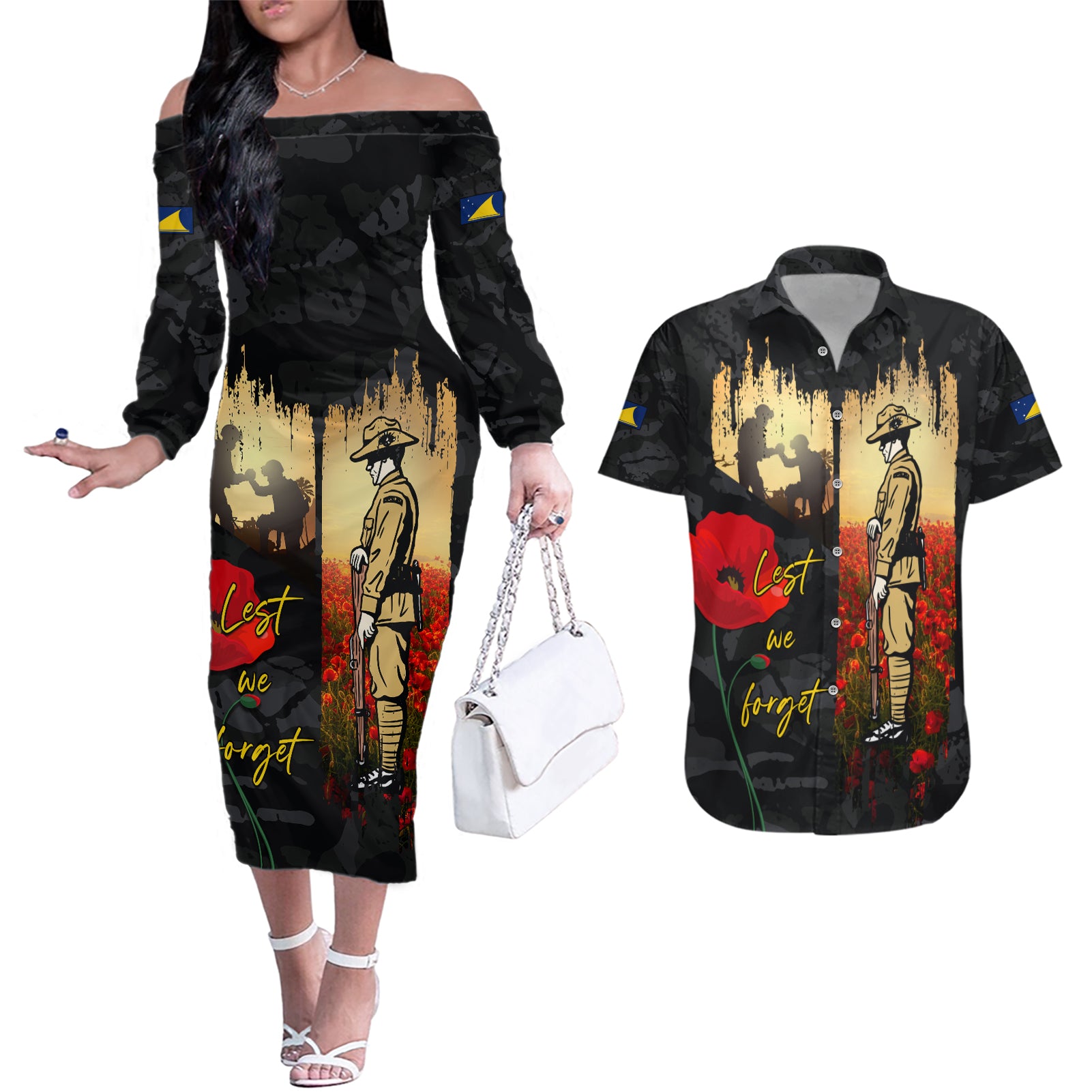 Tokelau ANZAC Day Couples Matching Off The Shoulder Long Sleeve Dress and Hawaiian Shirt Lest We Forget LT05 Black - Polynesian Pride