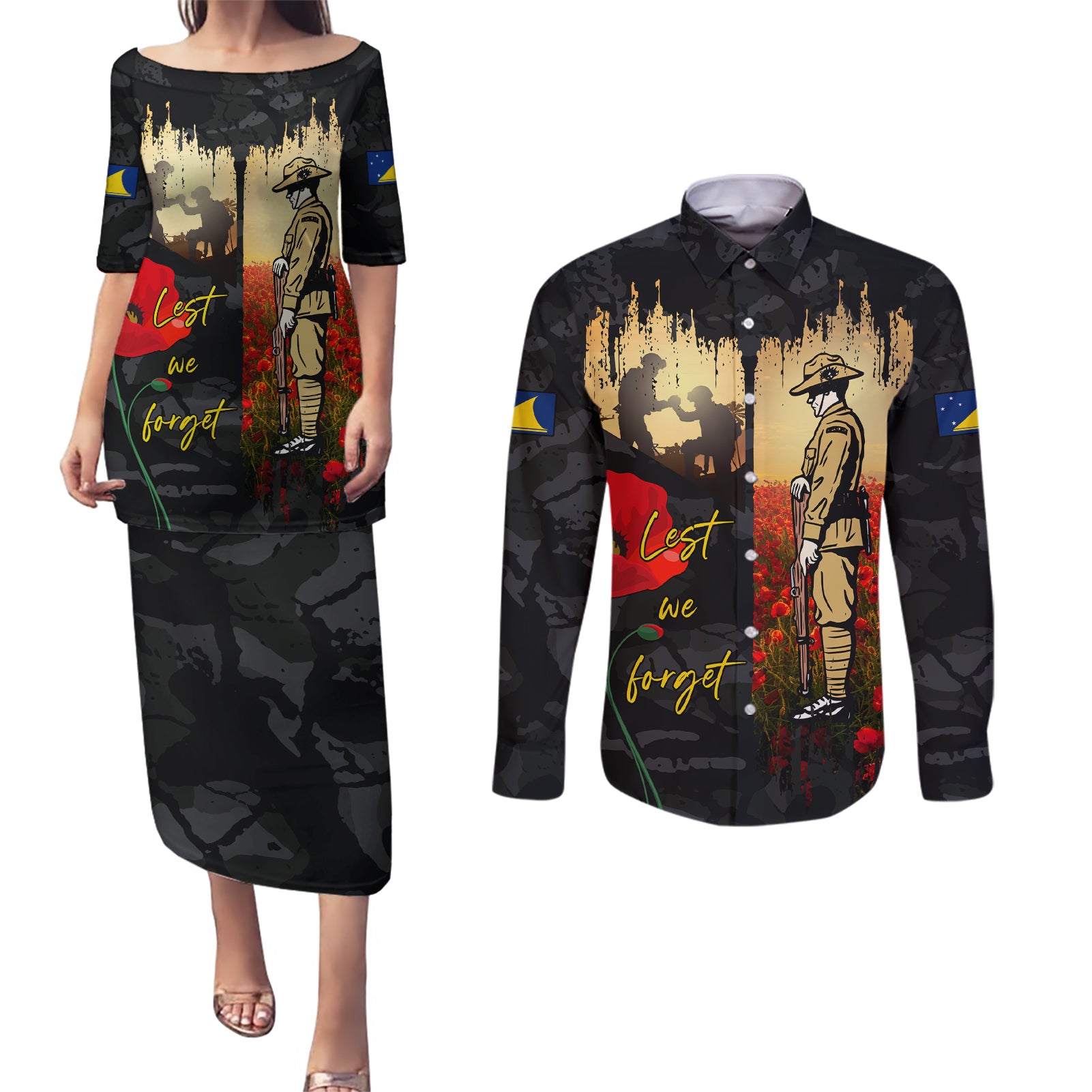 Tokelau ANZAC Day Couples Matching Puletasi and Long Sleeve Button Shirt Lest We Forget LT05 Black - Polynesian Pride