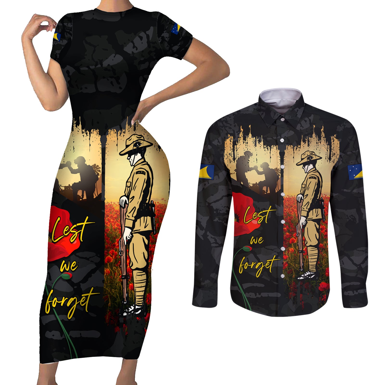 Tokelau ANZAC Day Couples Matching Short Sleeve Bodycon Dress and Long Sleeve Button Shirt Lest We Forget LT05 Black - Polynesian Pride