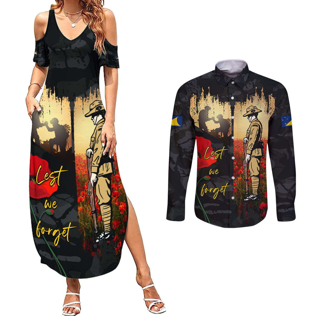 Tokelau ANZAC Day Couples Matching Summer Maxi Dress and Long Sleeve Button Shirt Lest We Forget LT05 Black - Polynesian Pride