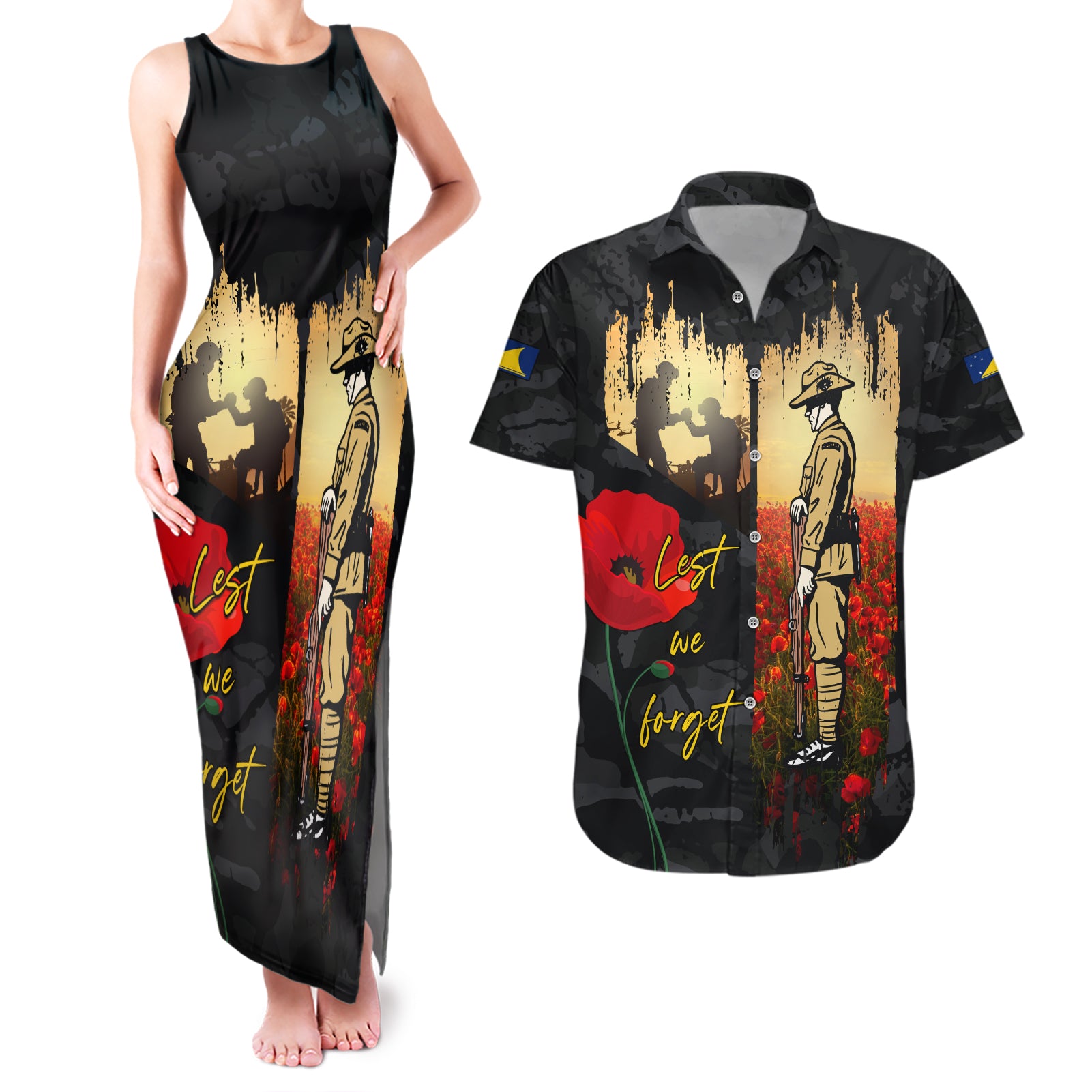 Tokelau ANZAC Day Couples Matching Tank Maxi Dress and Hawaiian Shirt Lest We Forget LT05 Black - Polynesian Pride