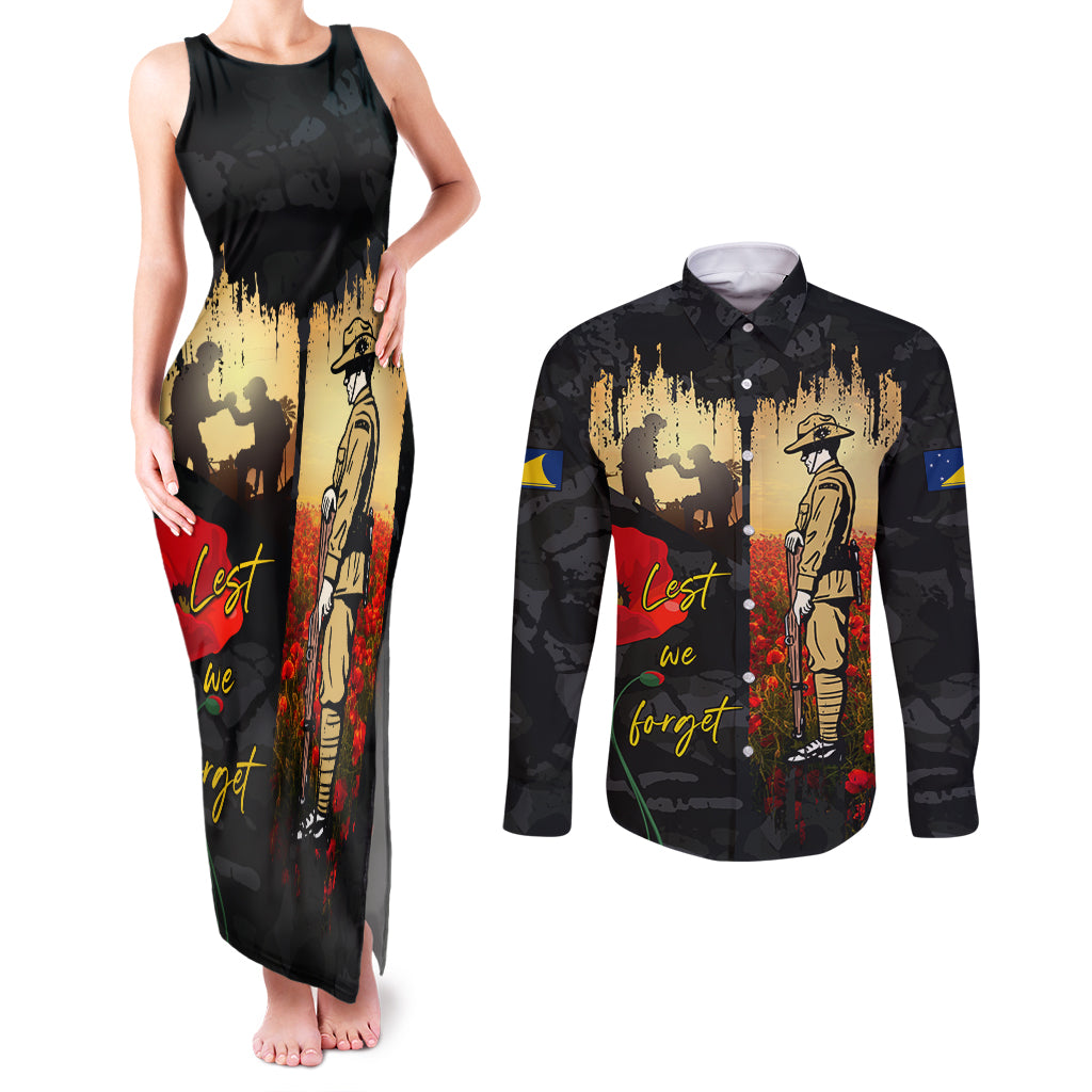 Tokelau ANZAC Day Couples Matching Tank Maxi Dress and Long Sleeve Button Shirt Lest We Forget LT05 Black - Polynesian Pride