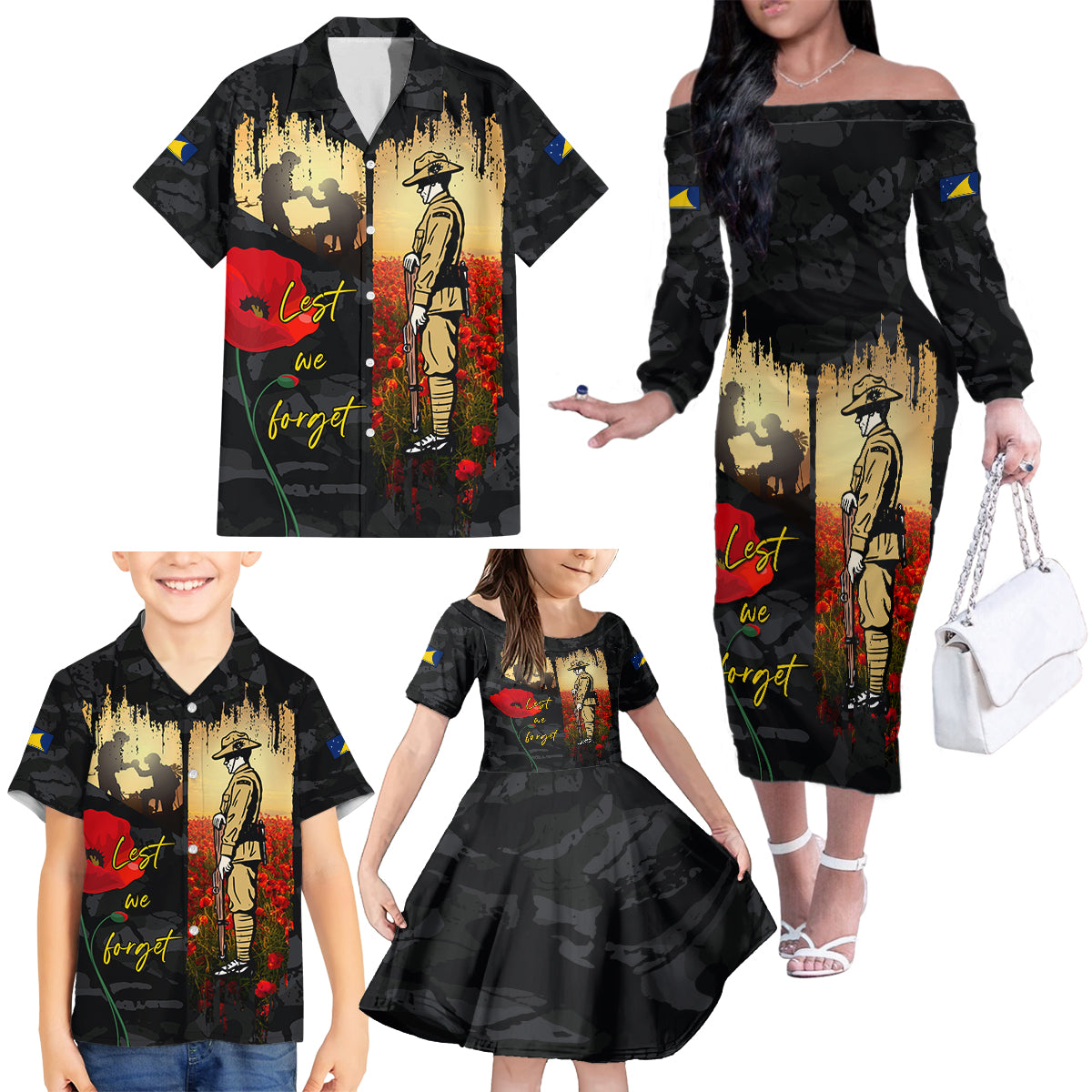 Tokelau ANZAC Day Family Matching Off Shoulder Long Sleeve Dress and Hawaiian Shirt Lest We Forget LT05 - Polynesian Pride